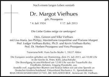 Anzeige von Margot Viefhues von Kölner Stadt-Anzeiger / Kölnische Rundschau / Express