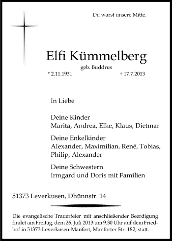 Anzeige von Elfi Kümmelberg von Kölner Stadt-Anzeiger / Kölnische Rundschau / Express