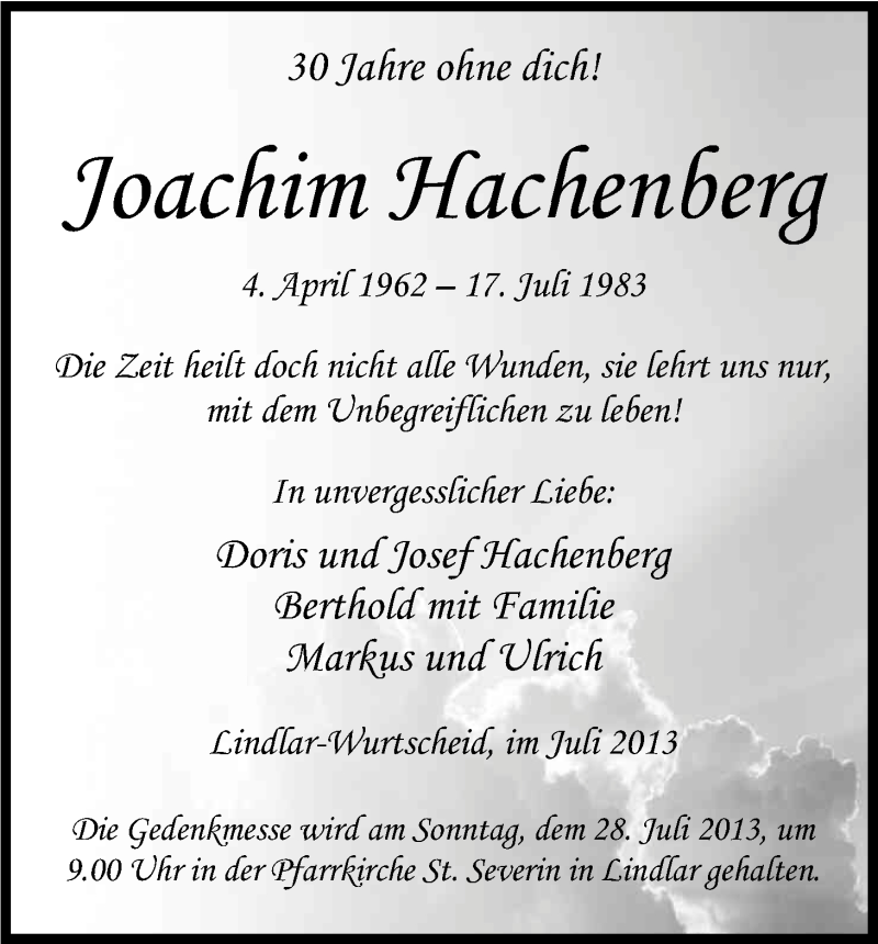  Traueranzeige für Joachim Hachenberg vom 25.07.2013 aus Kölner Stadt-Anzeiger / Kölnische Rundschau / Express