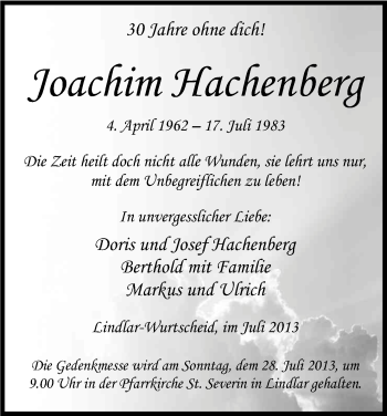 Anzeige von Joachim Hachenberg von Kölner Stadt-Anzeiger / Kölnische Rundschau / Express