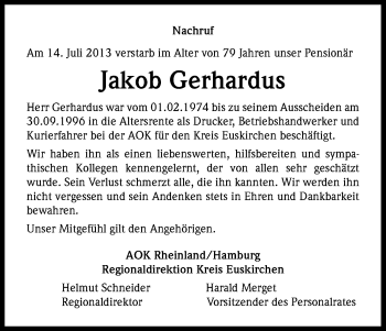 Anzeige von Jakob Gerhardus von Kölner Stadt-Anzeiger / Kölnische Rundschau / Express