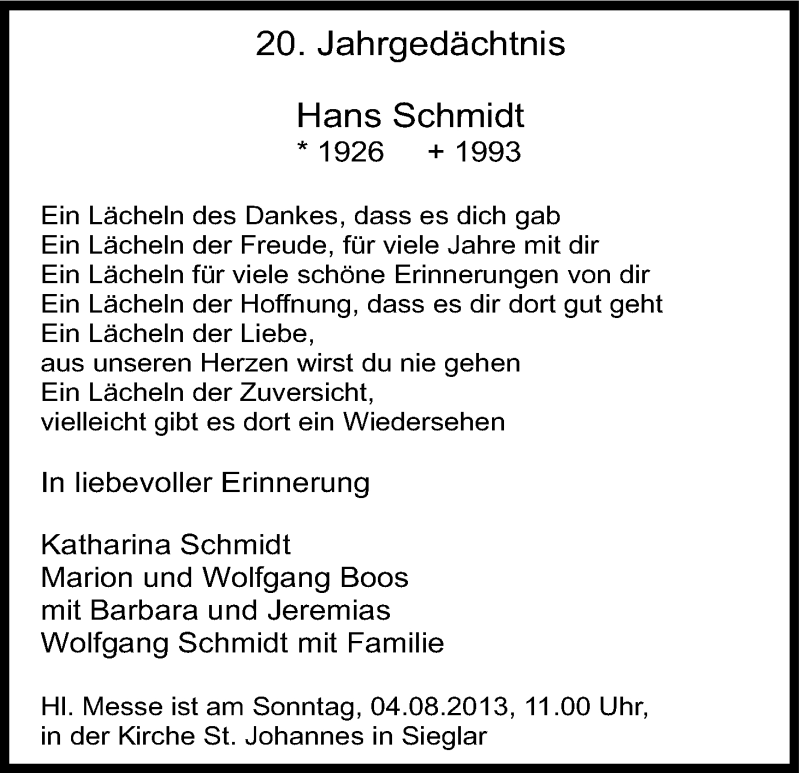  Traueranzeige für Hans Schmidt vom 03.08.2013 aus Kölner Stadt-Anzeiger / Kölnische Rundschau / Express