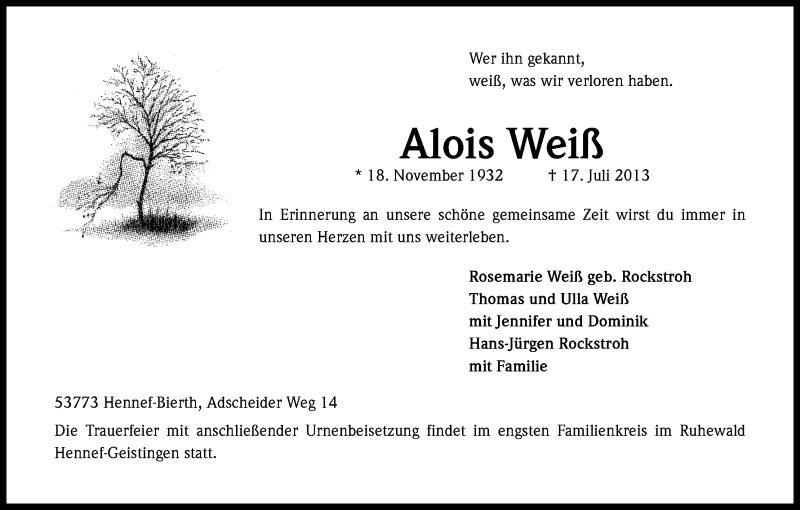  Traueranzeige für Alois Weiß vom 23.07.2013 aus Kölner Stadt-Anzeiger / Kölnische Rundschau / Express