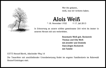 Anzeige von Alois Weiß von Kölner Stadt-Anzeiger / Kölnische Rundschau / Express
