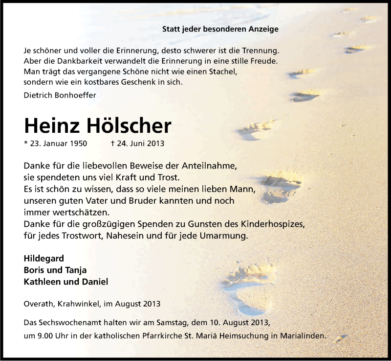  Traueranzeige für Heinz Hölscher vom 03.08.2013 aus Kölner Stadt-Anzeiger / Kölnische Rundschau / Express