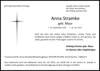 Anzeige von Anna Stramke von Kölner Stadt-Anzeiger / Kölnische Rundschau / Express
