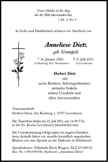 Anzeige von Anneliese Dietz von Kölner Stadt-Anzeiger / Kölnische Rundschau / Express