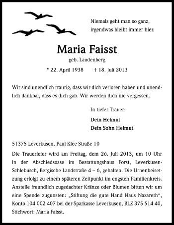 Anzeige von Maria Faisst von Kölner Stadt-Anzeiger / Kölnische Rundschau / Express