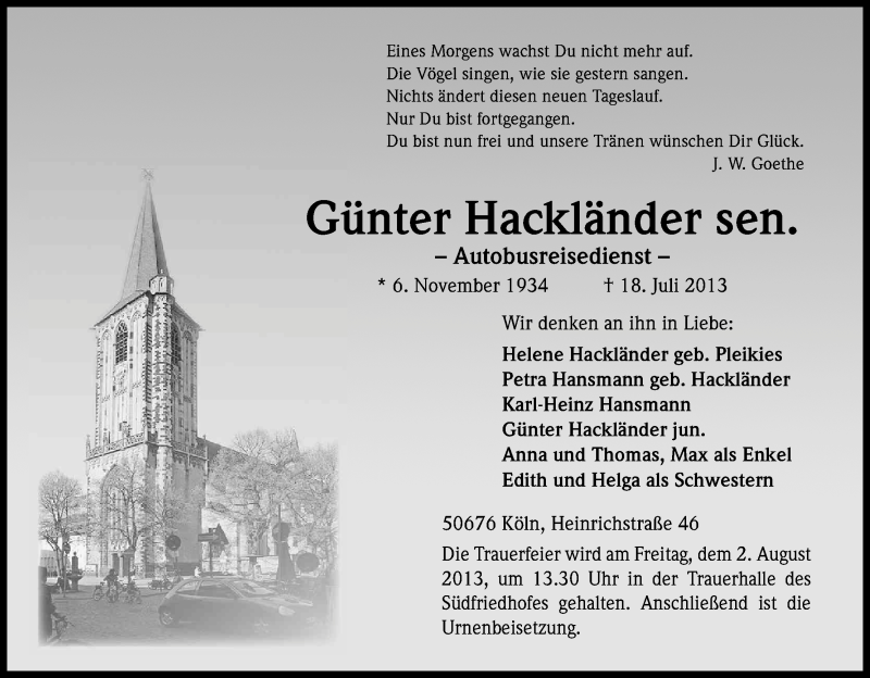  Traueranzeige für Günter Hackländer vom 27.07.2013 aus Kölner Stadt-Anzeiger / Kölnische Rundschau / Express