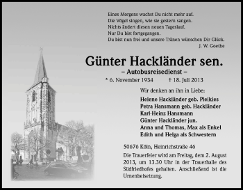 Anzeige von Günter Hackländer von Kölner Stadt-Anzeiger / Kölnische Rundschau / Express