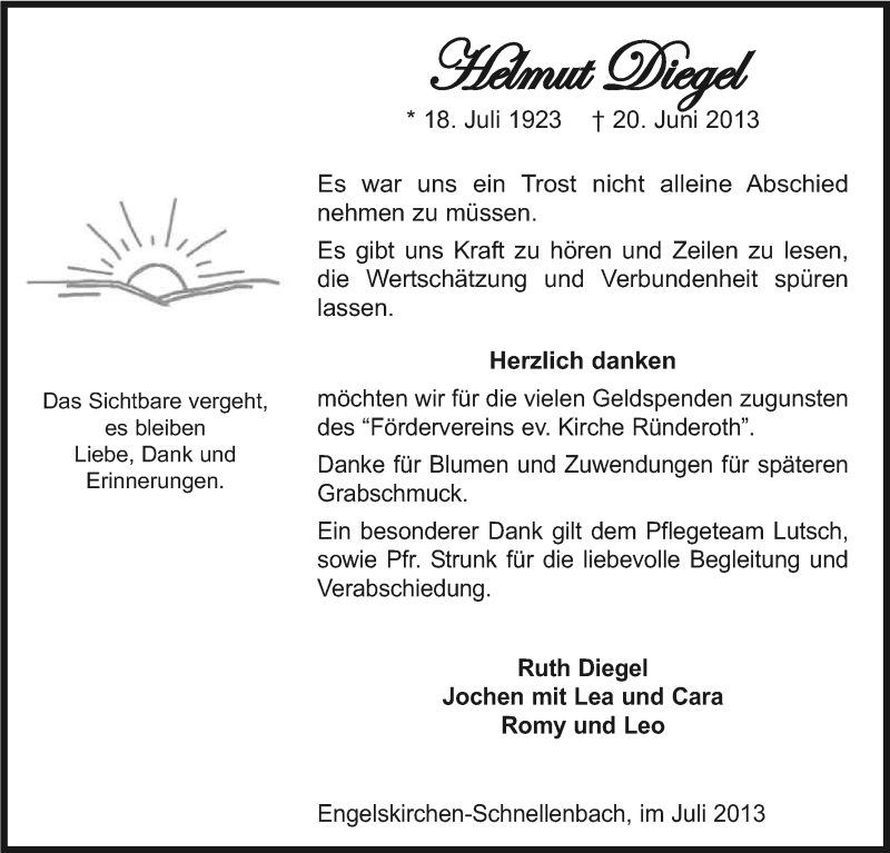  Traueranzeige für Helmut Diegel vom 24.07.2013 aus Kölner Stadt-Anzeiger / Kölnische Rundschau / Express
