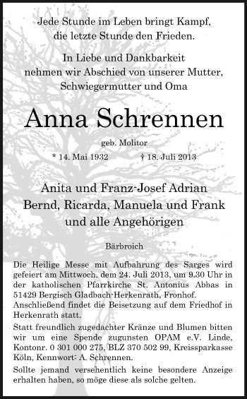Anzeige von Anna Schrennen von Kölner Stadt-Anzeiger / Kölnische Rundschau / Express