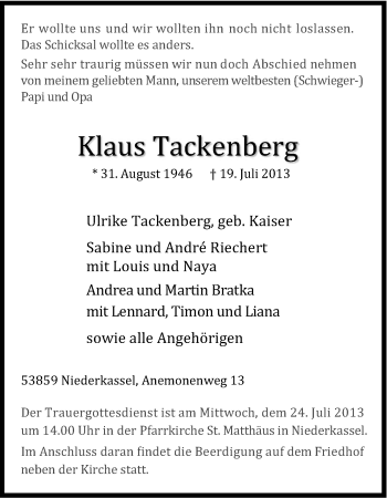 Anzeige von Klaus Tackenberg von Kölner Stadt-Anzeiger / Kölnische Rundschau / Express
