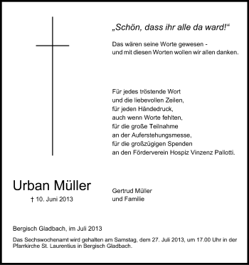 Anzeige von Urban Müller von Kölner Stadt-Anzeiger / Kölnische Rundschau / Express