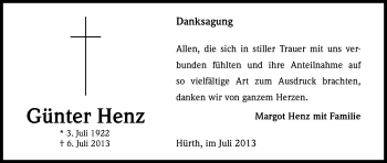 Anzeige von Günter Henz von Kölner Stadt-Anzeiger / Kölnische Rundschau / Express