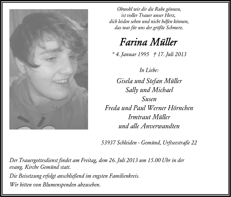  Traueranzeige für Farina Müller vom 22.07.2013 aus Kölner Stadt-Anzeiger / Kölnische Rundschau / Express