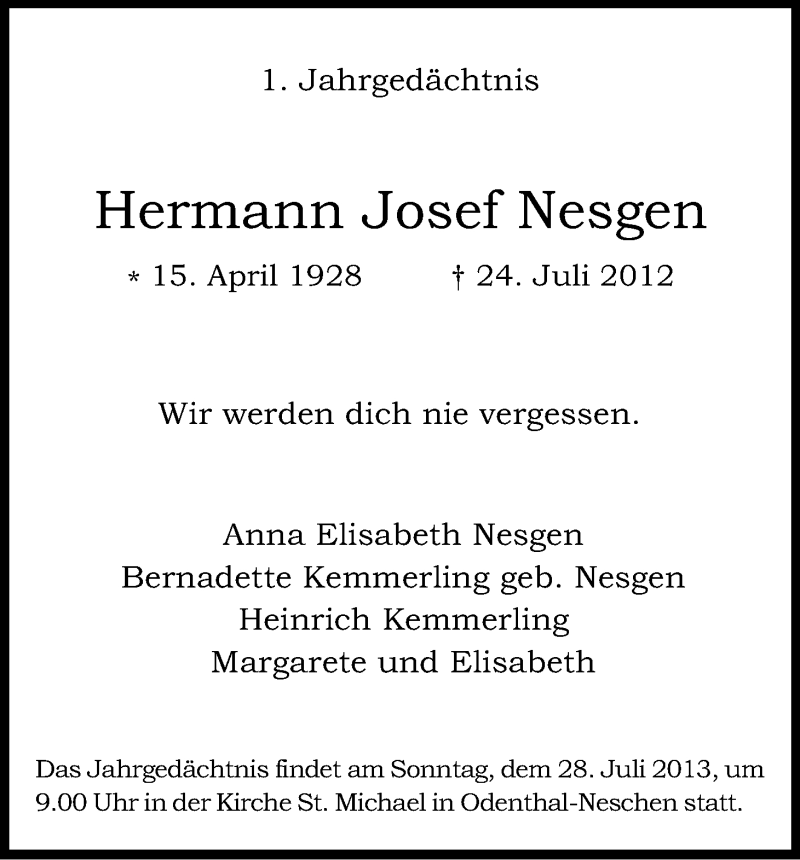  Traueranzeige für Hermann Josef Nesgen vom 24.07.2013 aus Kölner Stadt-Anzeiger / Kölnische Rundschau / Express