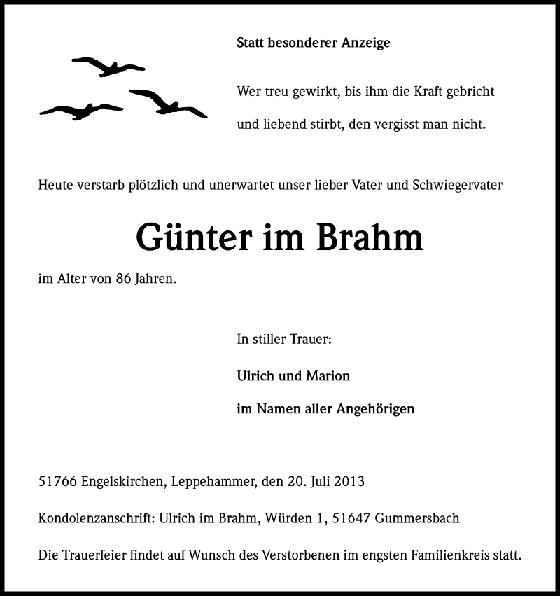  Traueranzeige für Günter im Brahm vom 23.07.2013 aus Kölner Stadt-Anzeiger / Kölnische Rundschau / Express