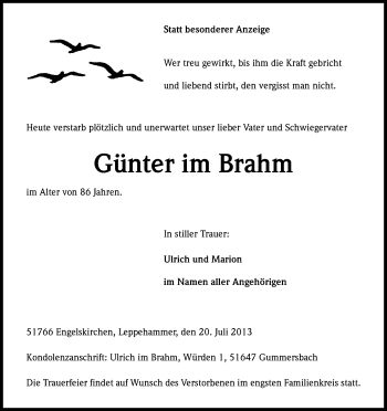 Anzeige von Günter im Brahm von Kölner Stadt-Anzeiger / Kölnische Rundschau / Express