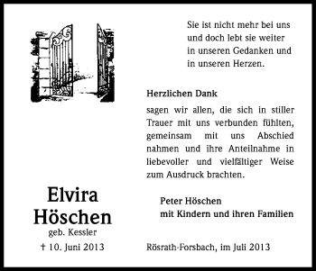 Anzeige von Elvira Höschen von Kölner Stadt-Anzeiger / Kölnische Rundschau / Express