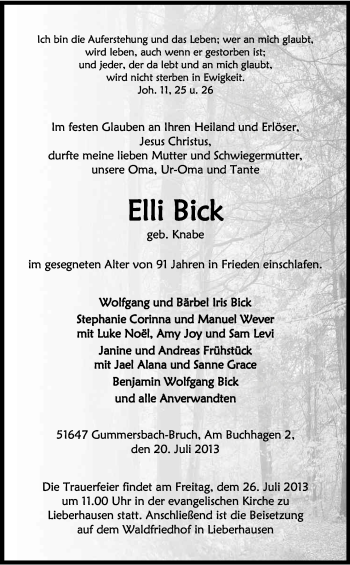 Anzeige von Elli Bick von Kölner Stadt-Anzeiger / Kölnische Rundschau / Express