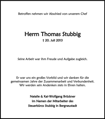 Anzeige von Thomas Stubbig von Kölner Stadt-Anzeiger / Kölnische Rundschau / Express