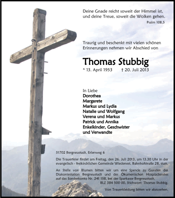 Anzeige von Thomas Stubbig von Kölner Stadt-Anzeiger / Kölnische Rundschau / Express