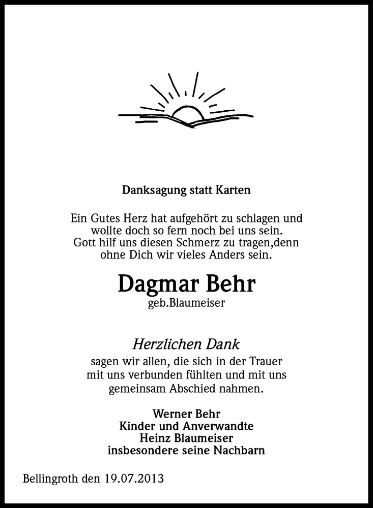  Traueranzeige für Dagmar Behr vom 26.07.2013 aus Kölner Stadt-Anzeiger / Kölnische Rundschau / Express