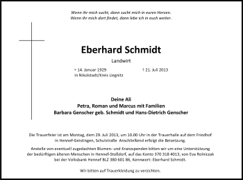 Anzeige von Eberhard Schmidt von Kölner Stadt-Anzeiger / Kölnische Rundschau / Express