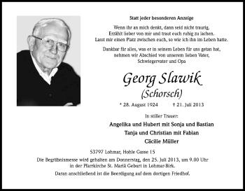 Anzeige von Georg Slawik von Kölner Stadt-Anzeiger / Kölnische Rundschau / Express