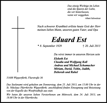 Anzeige von Eduard Est von Kölner Stadt-Anzeiger / Kölnische Rundschau / Express