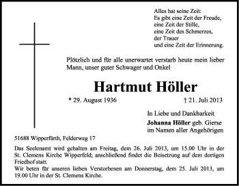 Anzeige von Hartmut Höller von Kölner Stadt-Anzeiger / Kölnische Rundschau / Express