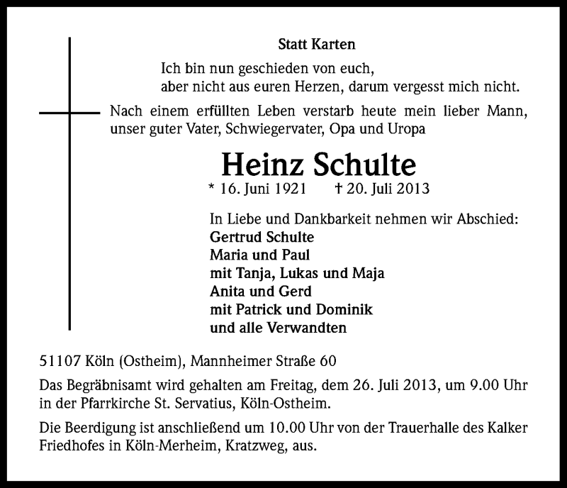  Traueranzeige für Heinz Schulte vom 23.07.2013 aus Kölner Stadt-Anzeiger / Kölnische Rundschau / Express