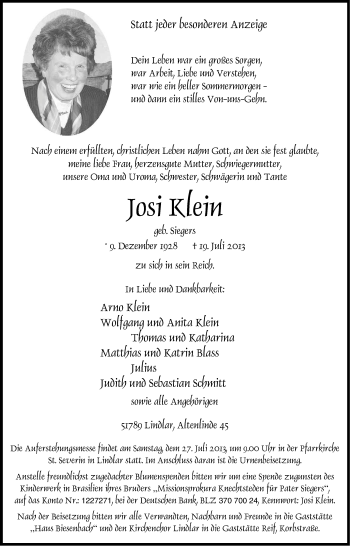 Anzeige von Josi Klein von Kölner Stadt-Anzeiger / Kölnische Rundschau / Express