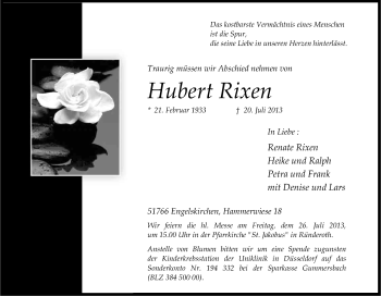 Anzeige von Hubert Rixen von Kölner Stadt-Anzeiger / Kölnische Rundschau / Express