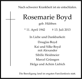 Anzeige von Rosemarie Boyd von Kölner Stadt-Anzeiger / Kölnische Rundschau / Express