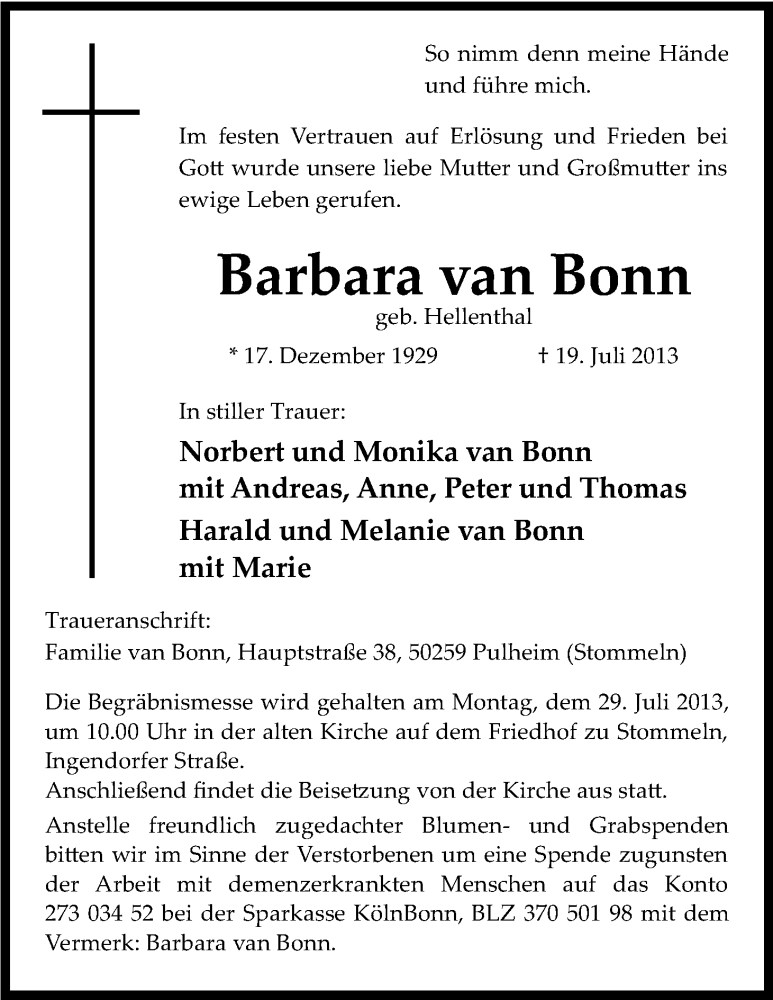  Traueranzeige für Barbara van Bonn vom 24.07.2013 aus Kölner Stadt-Anzeiger / Kölnische Rundschau / Express