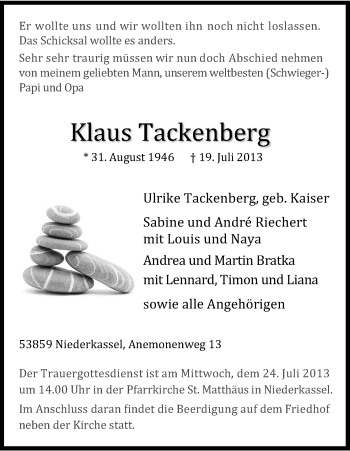 Anzeige von Klaus Tackenberg von Kölner Stadt-Anzeiger / Kölnische Rundschau / Express