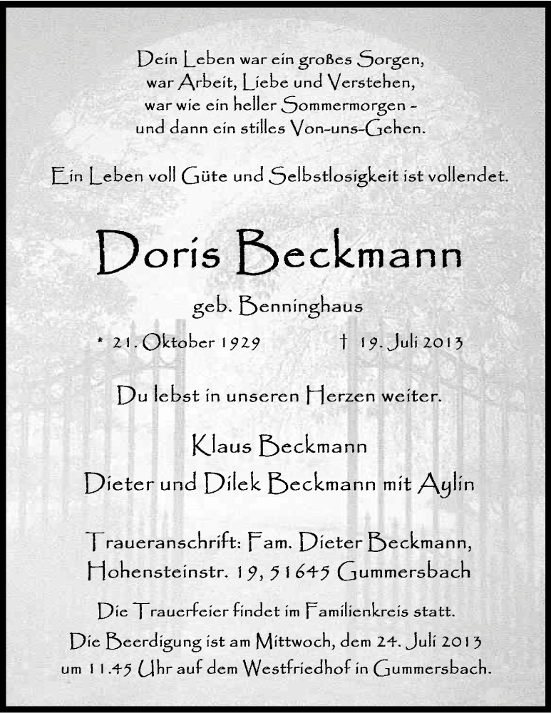  Traueranzeige für Doris Beckmann vom 23.07.2013 aus Kölner Stadt-Anzeiger / Kölnische Rundschau / Express