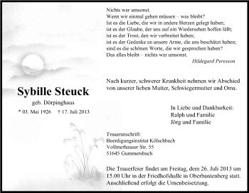 Anzeige von Sybille Steuck von Kölner Stadt-Anzeiger / Kölnische Rundschau / Express
