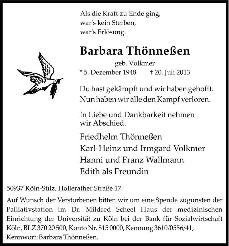 Traueranzeige für Barbara Thönneßen vom 27.07.2013 aus Kölner Stadt-Anzeiger / Kölnische Rundschau / Express
