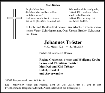 Anzeige von Johannes Tröster von Kölner Stadt-Anzeiger / Kölnische Rundschau / Express