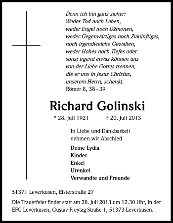 Anzeige von Richard Golinksi von Kölner Stadt-Anzeiger / Kölnische Rundschau / Express