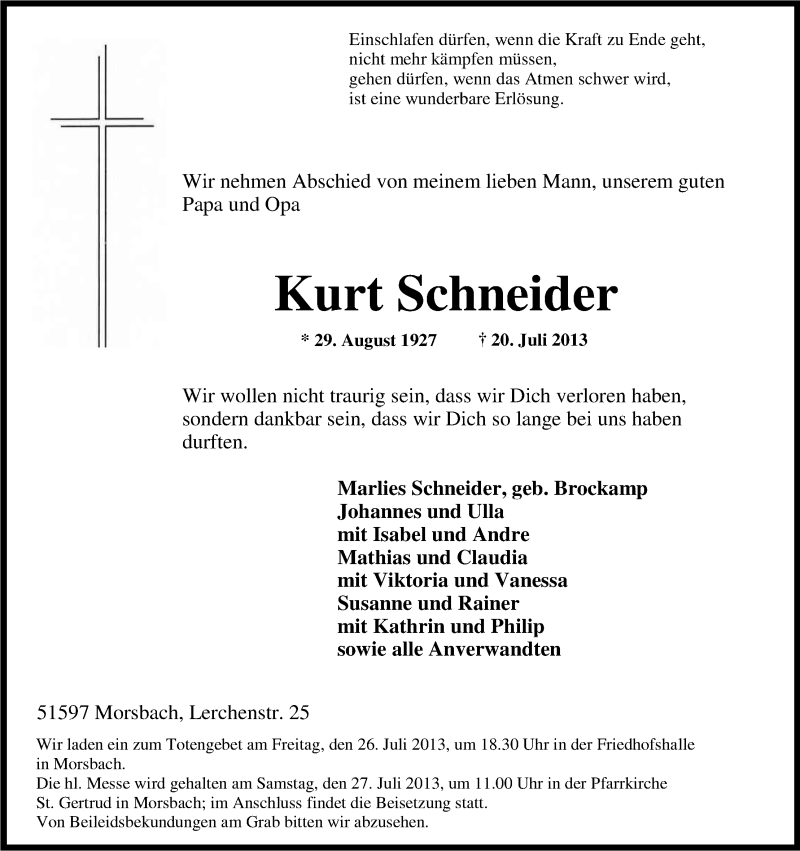  Traueranzeige für Kurt Schneider vom 24.07.2013 aus Kölner Stadt-Anzeiger / Kölnische Rundschau / Express