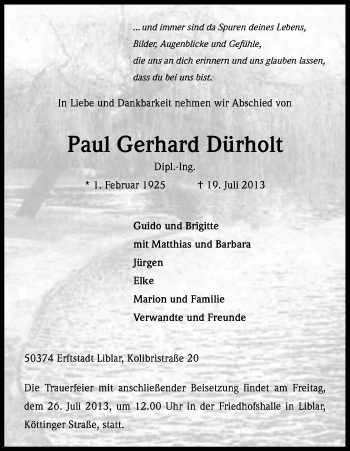 Anzeige von Paul Gerhard Dürholt von Kölner Stadt-Anzeiger / Kölnische Rundschau / Express