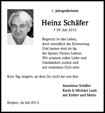 Anzeige von Heinz Schäfer von Kölner Stadt-Anzeiger / Kölnische Rundschau / Express