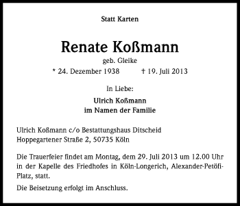 Anzeige von Renate Koßmann von Kölner Stadt-Anzeiger / Kölnische Rundschau / Express