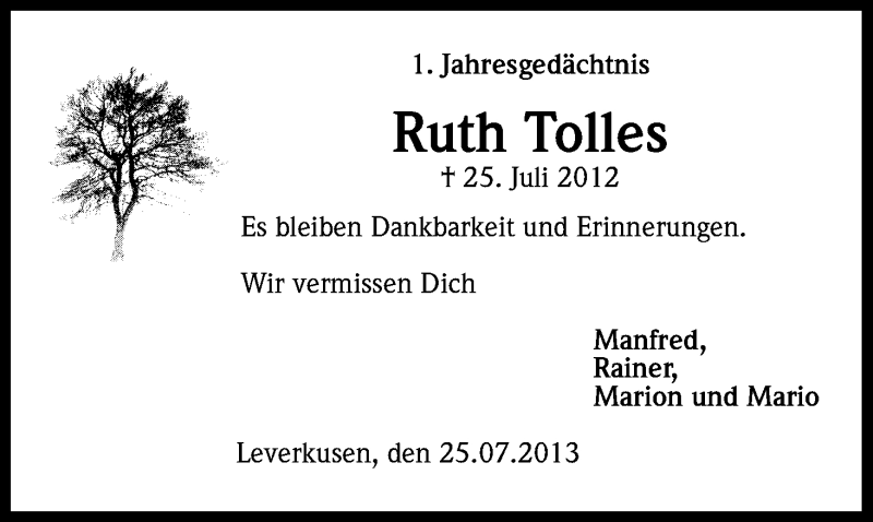  Traueranzeige für Ruth Tolles vom 25.07.2013 aus Kölner Stadt-Anzeiger / Kölnische Rundschau / Express