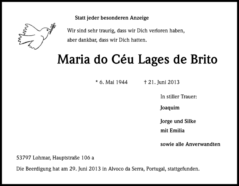  Traueranzeige für Maria do Ceu Lages de Brito vom 03.08.2013 aus Kölner Stadt-Anzeiger / Kölnische Rundschau / Express