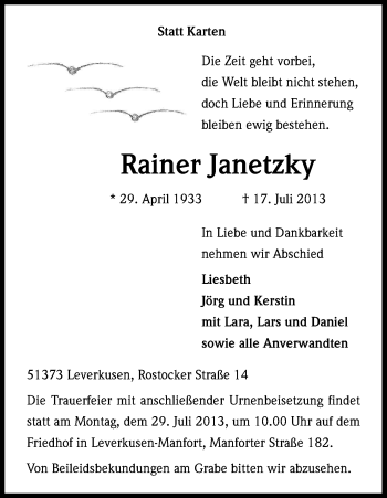 Anzeige von Rainer Janetzky von Kölner Stadt-Anzeiger / Kölnische Rundschau / Express